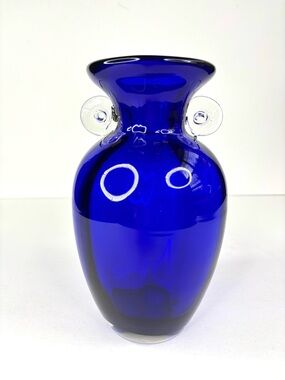 Vintage Cobalt Blue Art Glass Blenko Vase Clear Scroll Handles